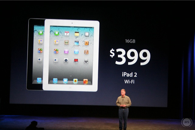 Apple announced that a 16GB iPad 2 will remain in the lineup with a lower $399 entry price. (3G + WiFi is now $529.)