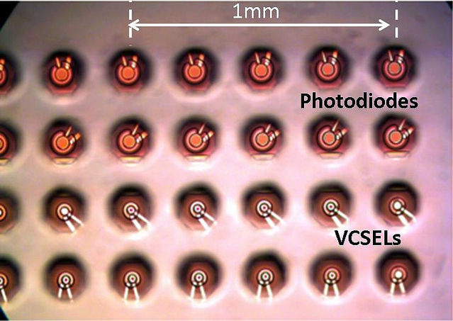 Photomicrograph of the back of the Holey Optochip with lasers and photodetectors visible through substrate holes.