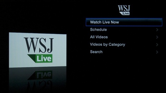The Apple TV interface for the Wall Street Journal's live video content