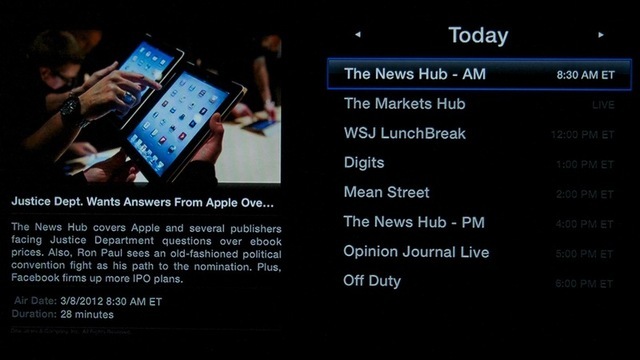 A schedule view of WSJ's content on Apple TV.