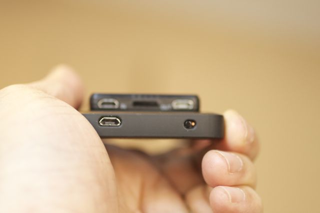 The base of the Third Rail Case, with micro-USB power port and charging toggle-switch.