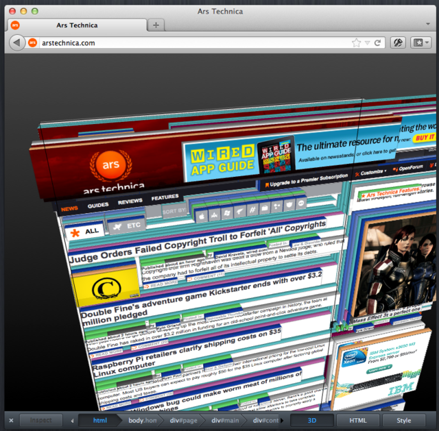 The 3D DOM visualization tool in Firefox 11