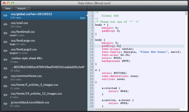 The built-in style sheet editor in Firefox 11