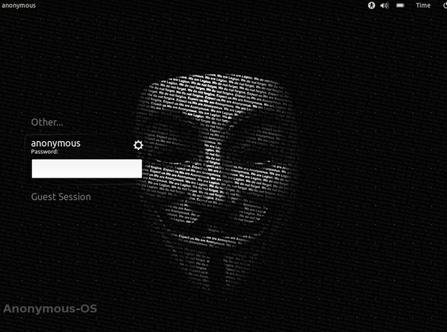Once you get past the Ubuntu 11.10 startup, the Anonymous-OS package throws up this lovely customized login screen.  The password for the anonymous admin account, in case you were wondering, is anon. The project team posted that on their site as an MD5 hash for eager downloaders to crack. 