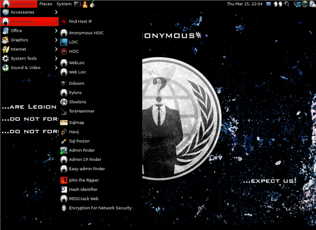 The hacking tools in the Anonymous-OS image include a hit parade of options, including the widely discredited LOIC, the HOIC tool, slow attack tools such as Slowloris and Pyloris, and a collection of SQL Injection tools.