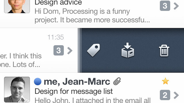 Swiping to the left on any e-mail reveals a contextual menu similar to previous versions of Twitter for iPhone.