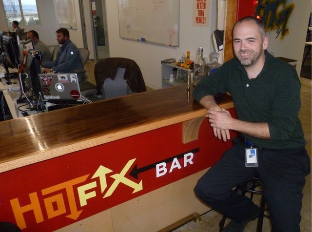 Chuck Rossi, the head of Facebook's release engineering team, sitting at the hotfix bar