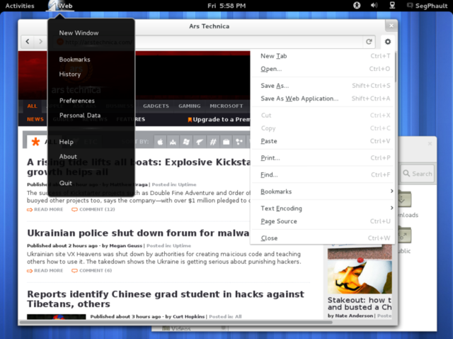 Two menus in the GNOME 3.4 Web browser. This image is a composite shot because you can't normally have both menus open at the same time.