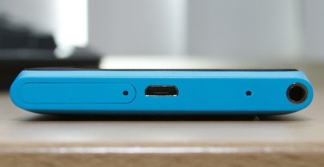 The top of the Lumia 900, from left: SIM slot, microUSB port, headphone jack