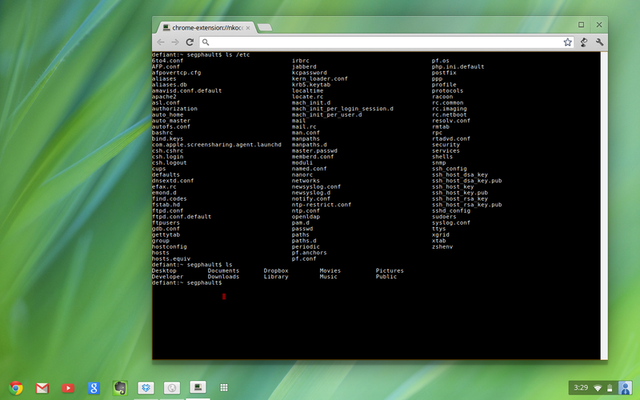 The Chrome OS terminal, connected to a remote system via SSH.