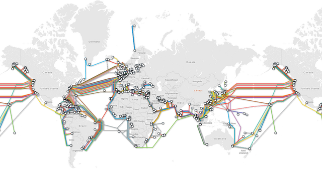 Undersea cables connecting the world's networks (TeleGeography)