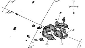 Richard Carrington's 1859 drawing of the solar flares he identified while sunspot watching. The "intensely bright" patches are marked A and B.
