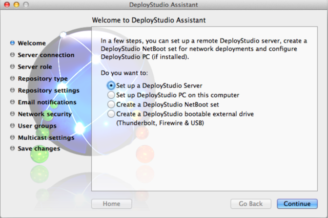 The DeployStudio Assistant will walk you through configuring your server and your boot media.