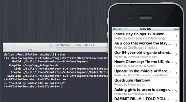 Testing a reddit client that I built with RubyMotion