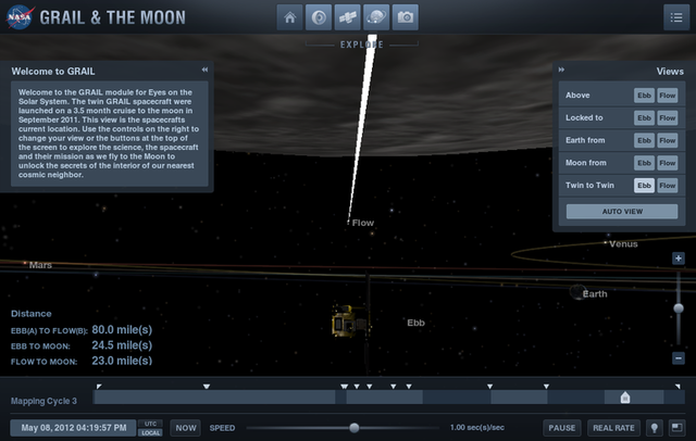 The two GRAIL spacecraft, Ebb and Flow, are orbiting the Moon fast enough that you can watch it rotate in real time.
