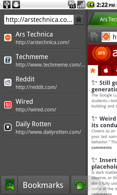 The browser's bookmark sidebar