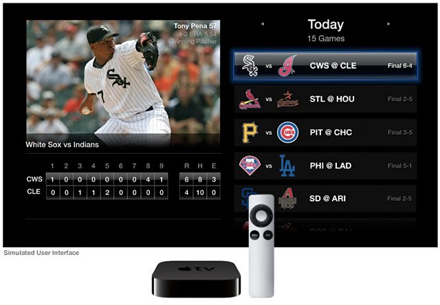 A "simulated user interface" for MLB.tv on Apple TV.