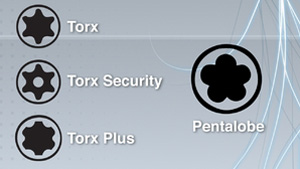 A comparison of various Torx designs to the "pentalobe" design used by Apple.