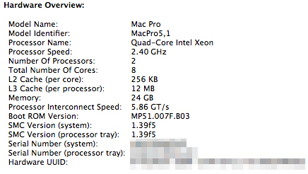 A source showed Ars his 2009 Mac Pro with two E5620 quad-core Xeons running with the MP51.007F.B03 firmware.
