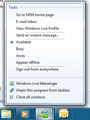 Windows Live Messenger's menu in Windows 7