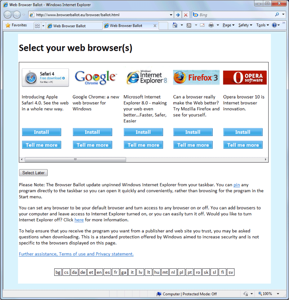 browser selection page