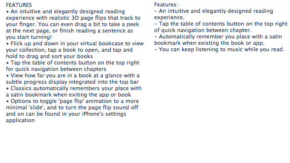 Classics description from the App Store on the left, Classics: Jane Austen description from the App Store on the right.