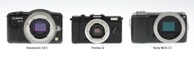 Here the size of the Pentax Q is compared to some other popular mirrorless interchangeable lens cameras.