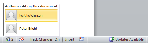 On the left, the list of users editing the document. On the right, an indicator that I need to hit save to get the current version.