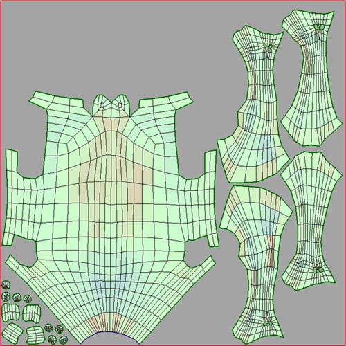 The UV shells for my deer model seen above. The even green shade in UV layout means    that everything is scaled proportionally.