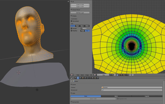 The UV editor in Blender 2.5 showing UV compression/stretching relative to faces in object space.