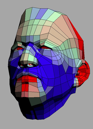 Red is major compression of UVs and dark blue means stretching. I'm going to have problems with even pore resolution during texturing. The head model used here is by Lo?c Zimmermann and is part of a set of modeling tutorials that can be read <a href="http://area.autodesk.com/tutorials/chapter_1_a_character_tutorial">here</a>.