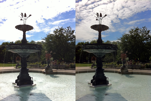 This rather impressive example shows how much detail can be lost in the highlights&#8212;look in particular at the sky and the water. Shadow detail in the fountain is still retained.