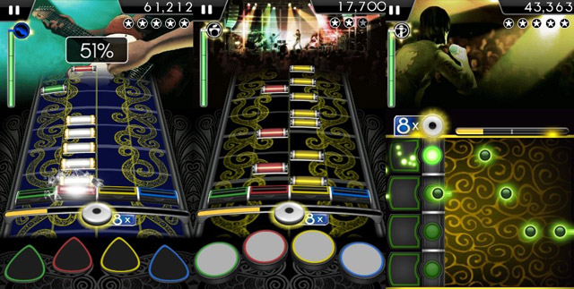 interfaces for guitar, drums, and vocals for Rock Band for iPhone