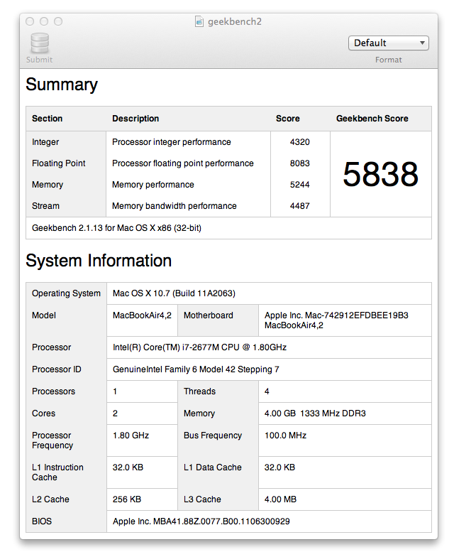 Geekbench 32-bit output for the MacBook Air