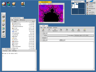 The terminal, mail program, file manager, and mandelbrot demo