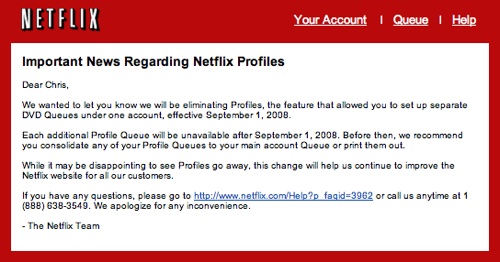 Netflix email announcing the end of the Profiles feature.