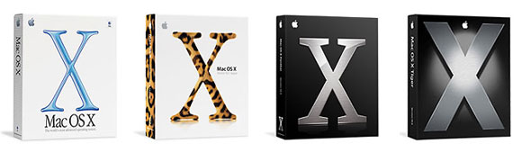 Mac OS X boxes: Cheetah/Puma, Jaguar, Panther, Tiger