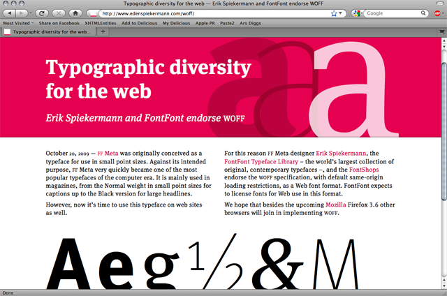 Sample page using WOFF fonts displayed in Firefox 3.8 on Mac OS X.