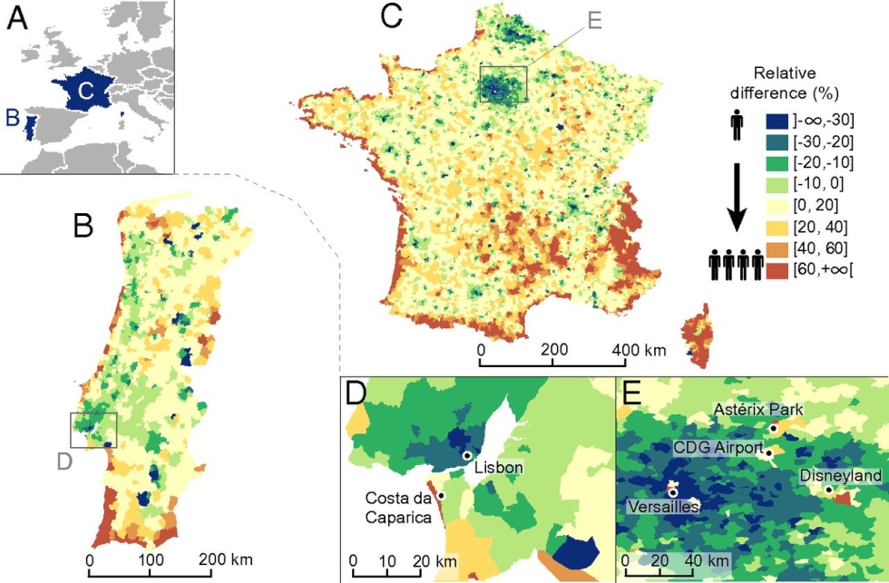 This image, unrelated to the unemployment study, shows seasonal population changes in France and Portugal, measured by cellphone activity.