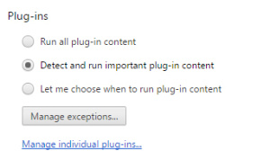 The plug-in blocking feature can be configured in Chrome's content settings.