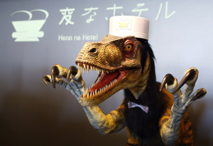 At the Hen-na Hotel in Japan, the hotel's English-speaking receptionist is, for some reason, a dinosaur.
