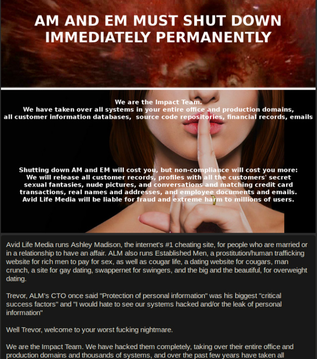 A message left by Impact Team for Avid Life Media, the owners of Ashley Madison.