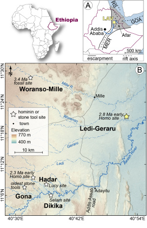 Detailed map of where the Ledi-Geraru site is located, in reference to other important fossil sites in Ethiopia. 