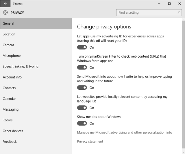 The Privacy applet in Windows 10. You can probably turn all these off, too.