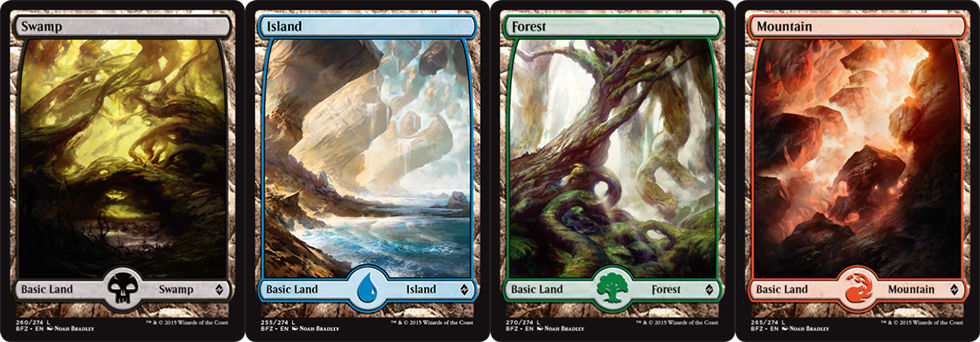 Some of the full-art lands from <em>Battle for Zendikar</em>. Usually, the land icon (the skull, forest, etc.) takes up about half of the card.