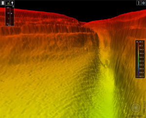 A three-dimensional echo sounding representation of a newly discovered canyon under the Red Sea by survey vessel HMS Enterprise.