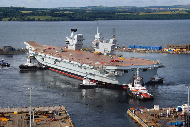 The HMS Queen Elizabeth, floating for the first time in 2014 at the drydock in Rosyth near Edinburgh.