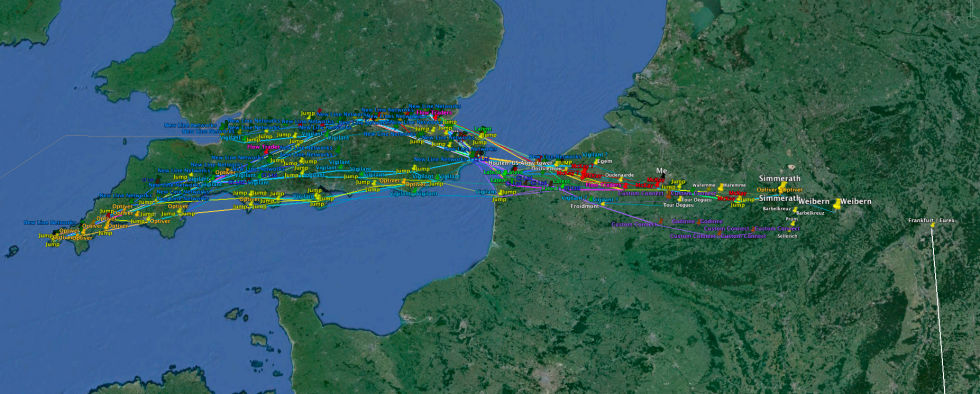 A map of some of the microwave networks in southern England and continental Europe, mapped out by Alexandre Laumonier. The microwave links down to Cornwall are for the transatlantic submarine cables that land there. This map is by no means exhaustive; it was compiled by a third party.