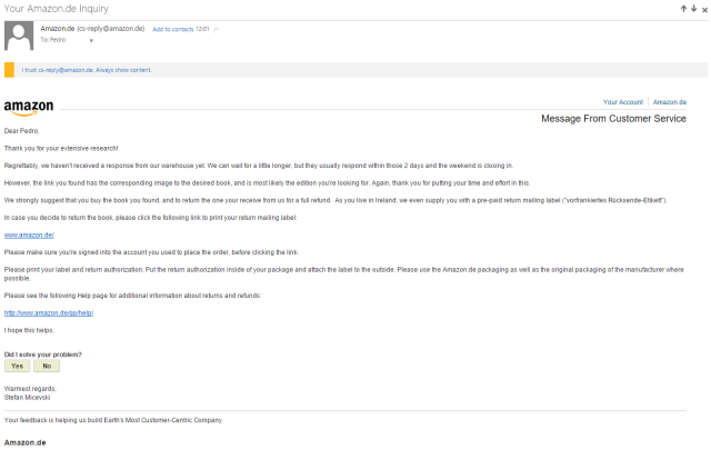 One of the many e-mails between Pedro and Amazon.de customer service.