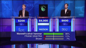 Watson, competing on the game show Jeopardy. The bars at the bottom show its confidence in each answer. If no answer passes the confidence threshold (the white line), Watson doesn't respond.